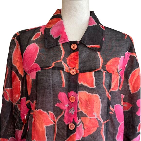 Toni Morgan Blouse Top Black Pink Orange Floral 3/4 Sleeve Button Front Large - Picture 3 of 11